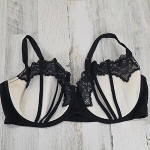 Cacique Black Cream Lace Mesh Balconette Bra Size 44 DDD
